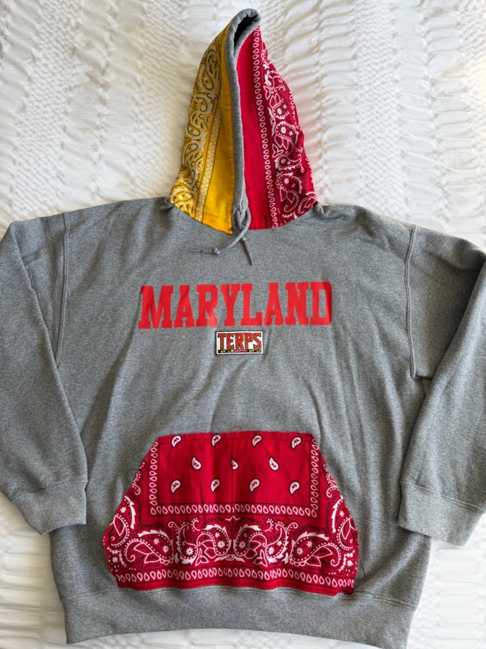 CUSTOM Maryland Terps Grey Hoodie with Red & Yellow Bandana Accents